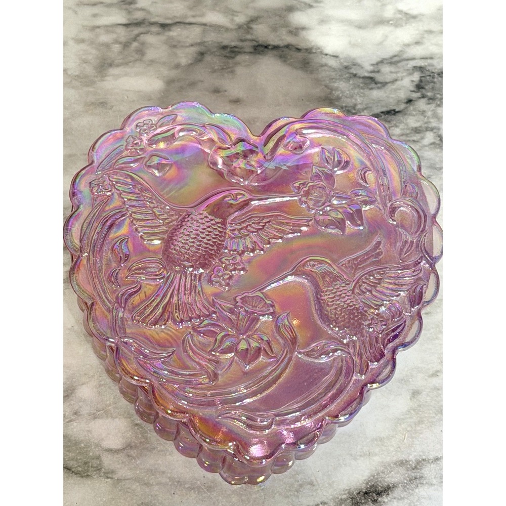 Fenton Pink Iridescent Glass Heart Shaped Trinket Box w/ Hummingbirds (A3147)